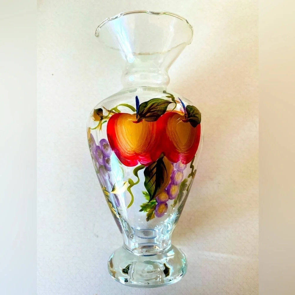 Vintage hand painted apples and grapes glass vase.